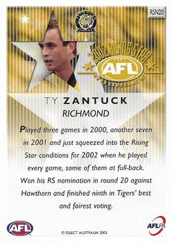 2003 Select XL Ultra AFL - Rising Star Nominees 2002 #RSN20 Ty Zantuck Back